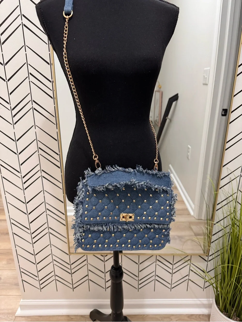Quilted Denim Studded Fringe Crossbody Shoulder Bag